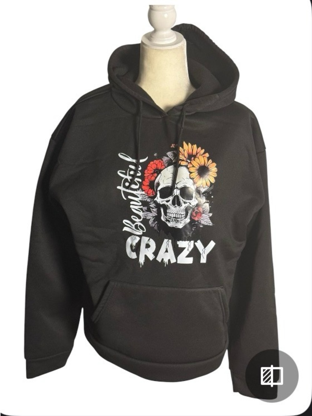 Crazy Beautiful Black Hoodie Sweatshirt Floral Skull Graphic Kangaroo pocket SZL